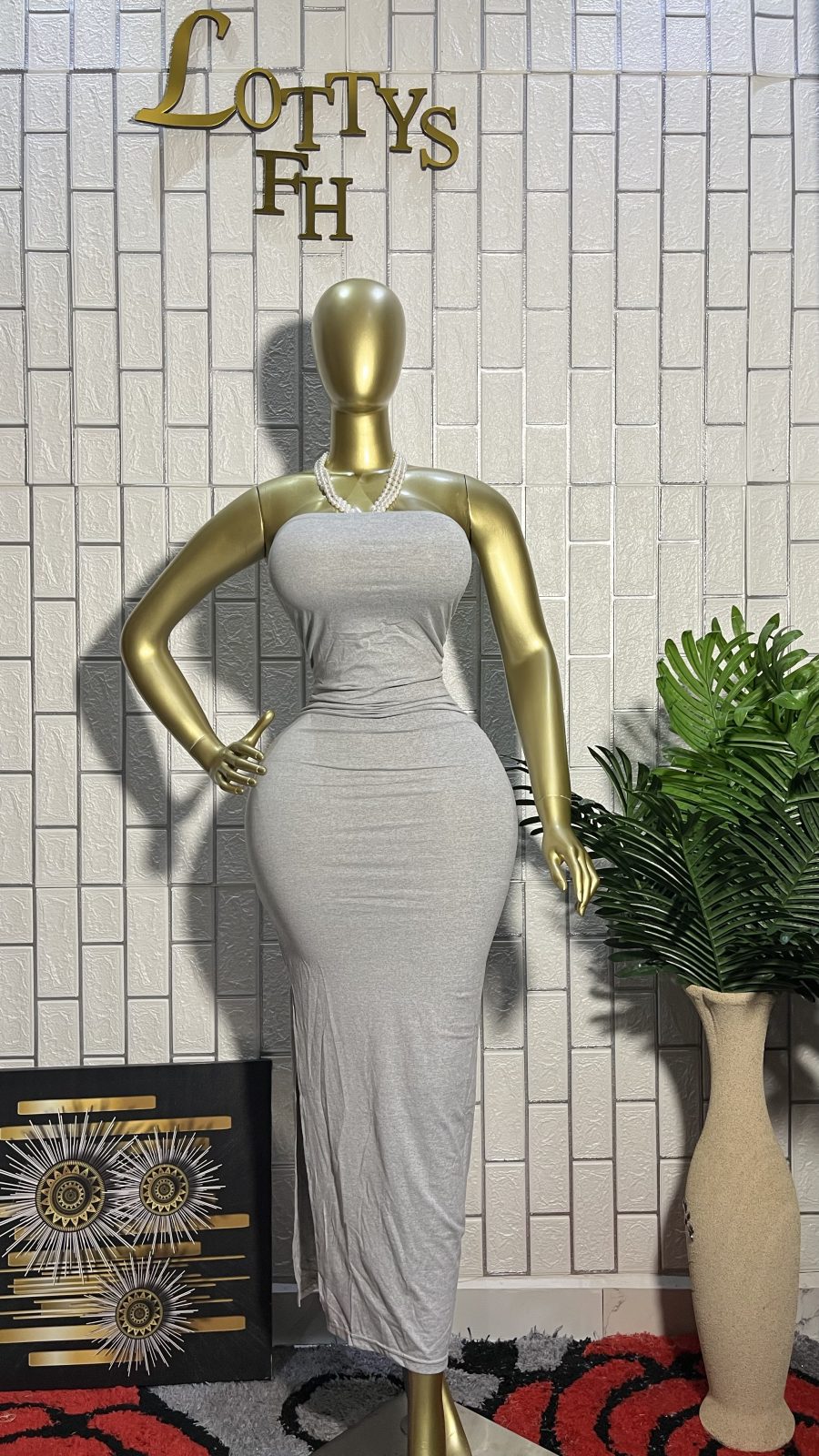 The GREY GODDESS Strapless Slit Maxi Dress