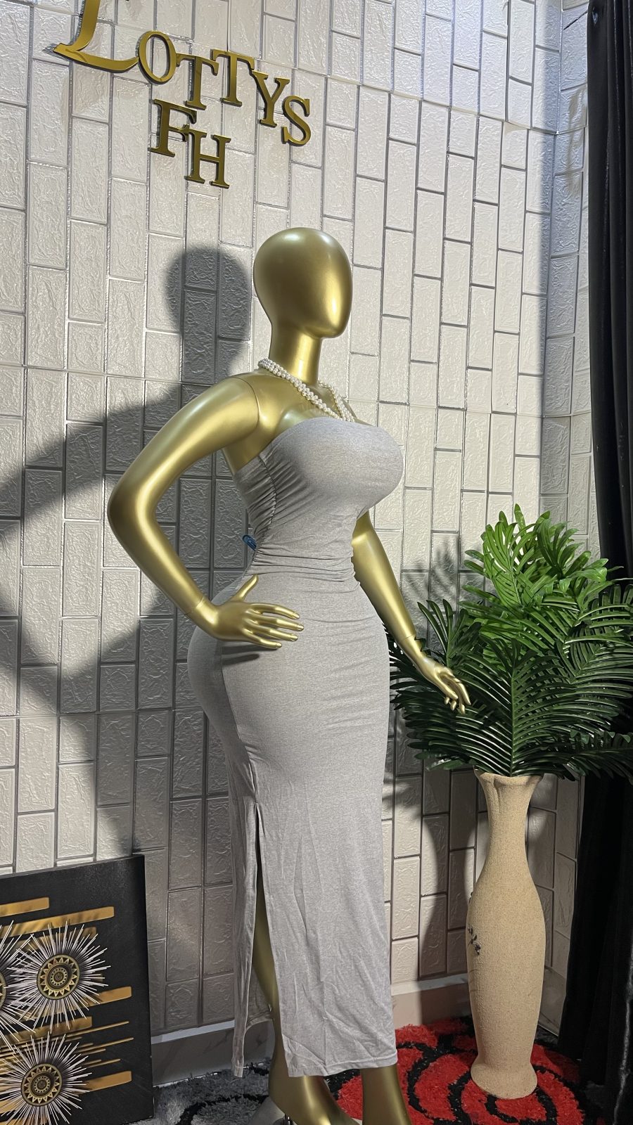 The GREY GODDESS Strapless Slit Maxi Dress