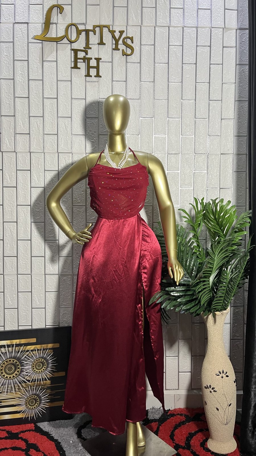 The CRIMSON GLITZ Cowl Satin Slit Dress