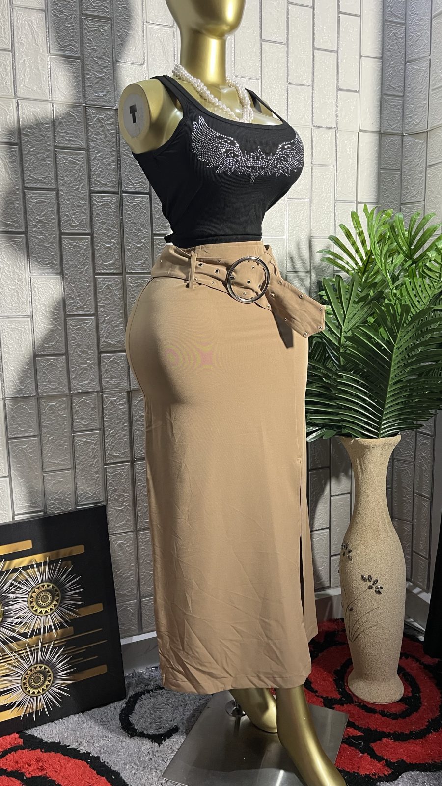 The NUDE CHIC Belted Slit Midi Skirt