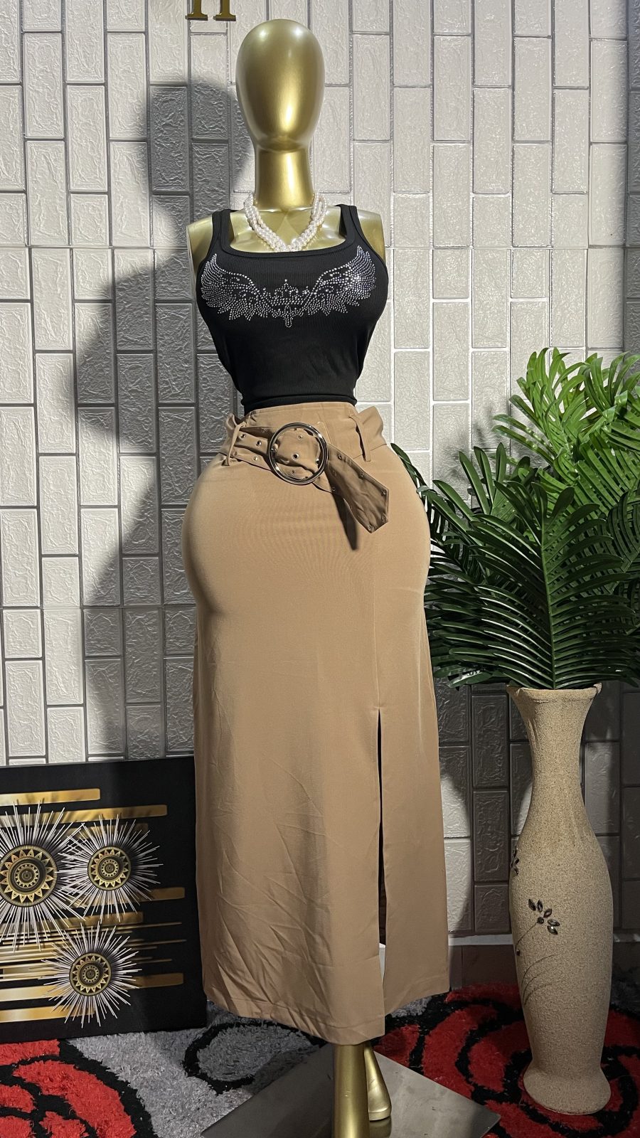 The NUDE CHIC Belted Slit Midi Skirt