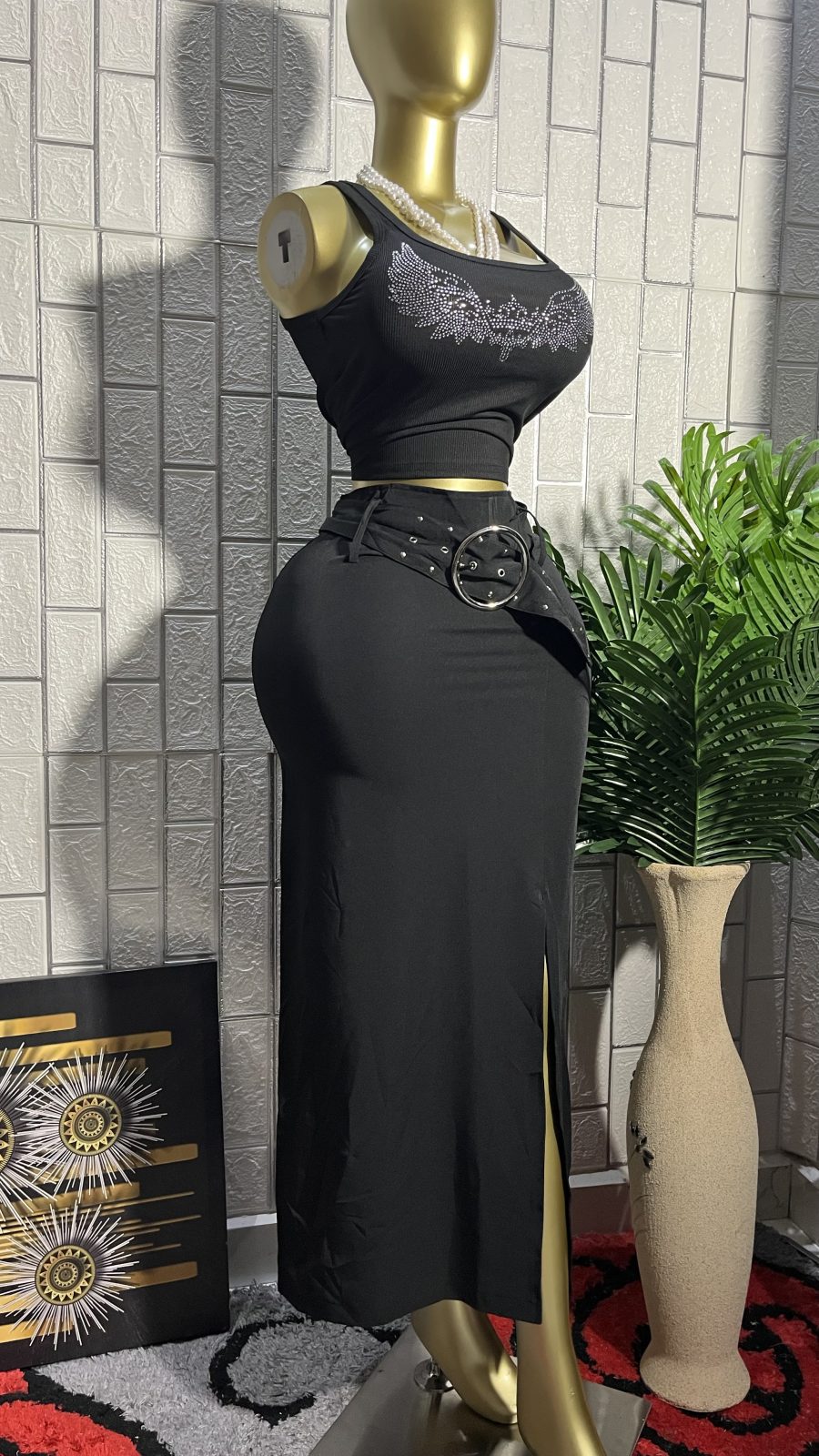 The MIDNIGHT CHIC Belted Slit Midi Skirt