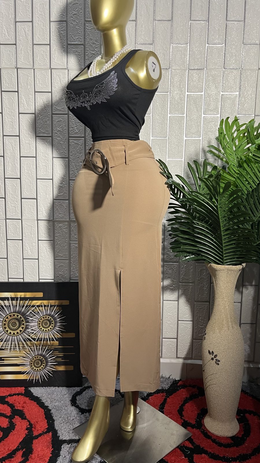 The NUDE CHIC Belted Slit Midi Skirt