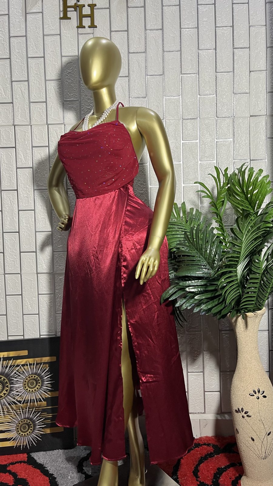 The CRIMSON GLITZ Cowl Satin Slit Dress