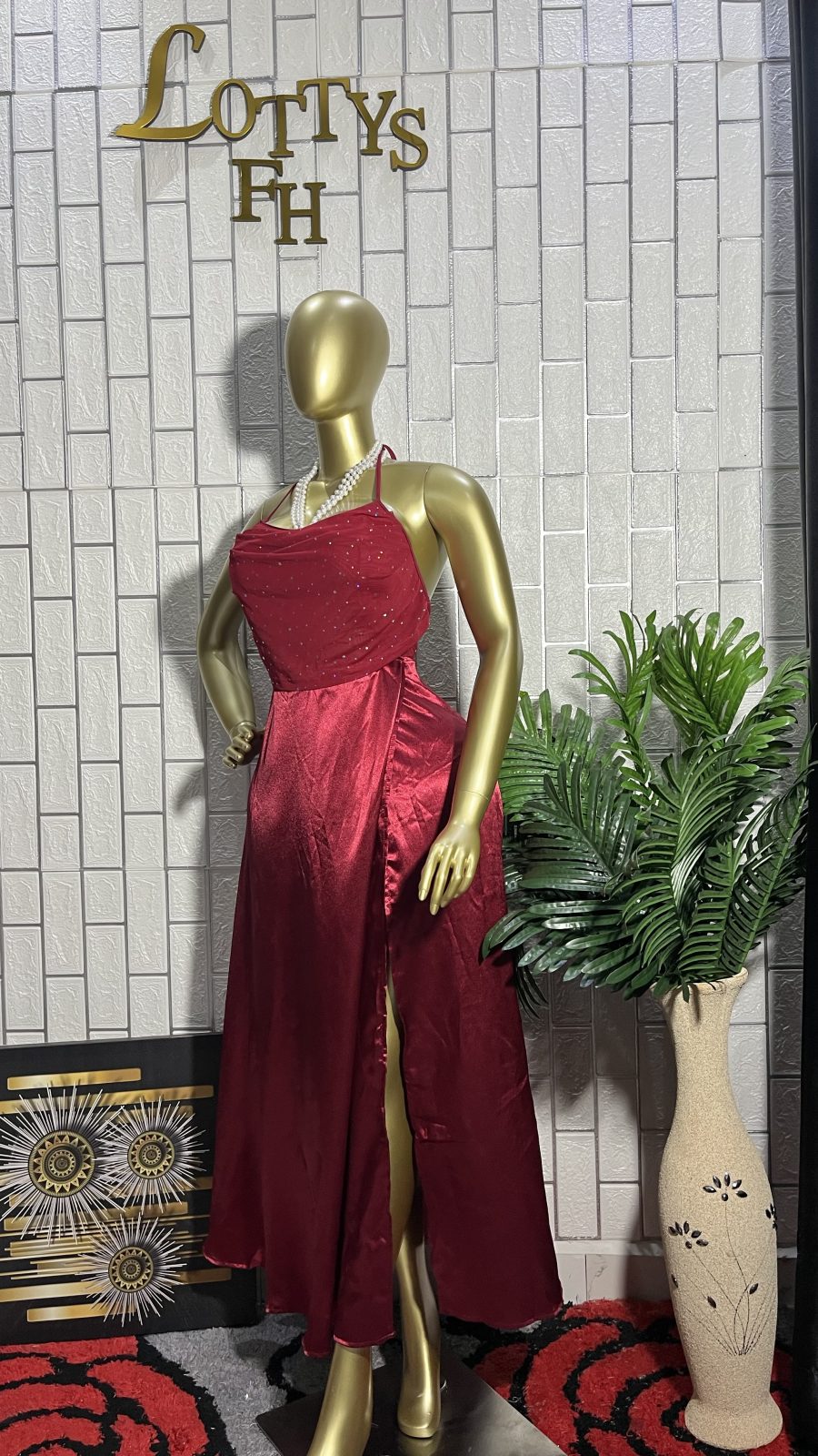 The CRIMSON GLITZ Cowl Satin Slit Dress