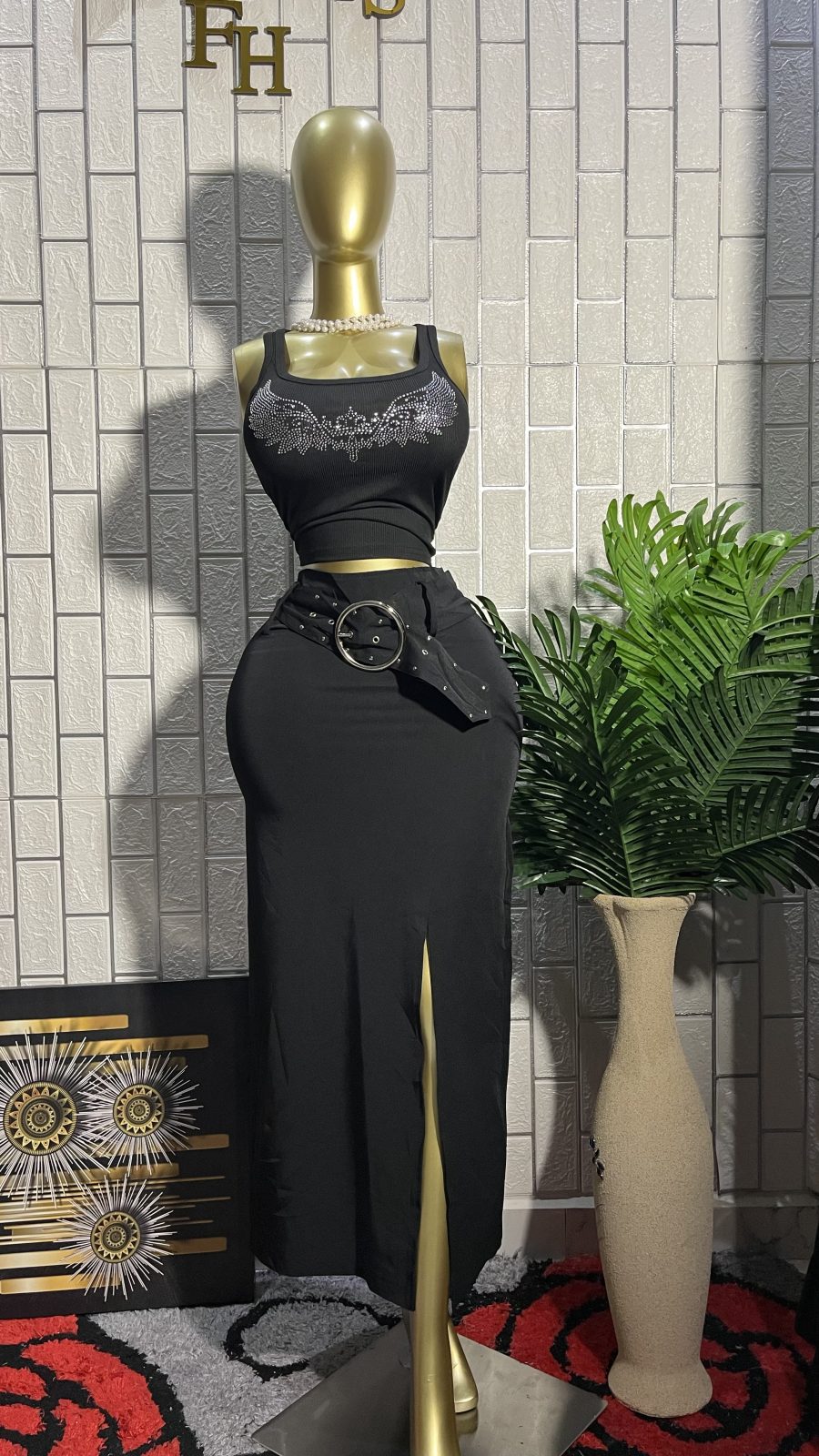 The MIDNIGHT CHIC Belted Slit Midi Skirt