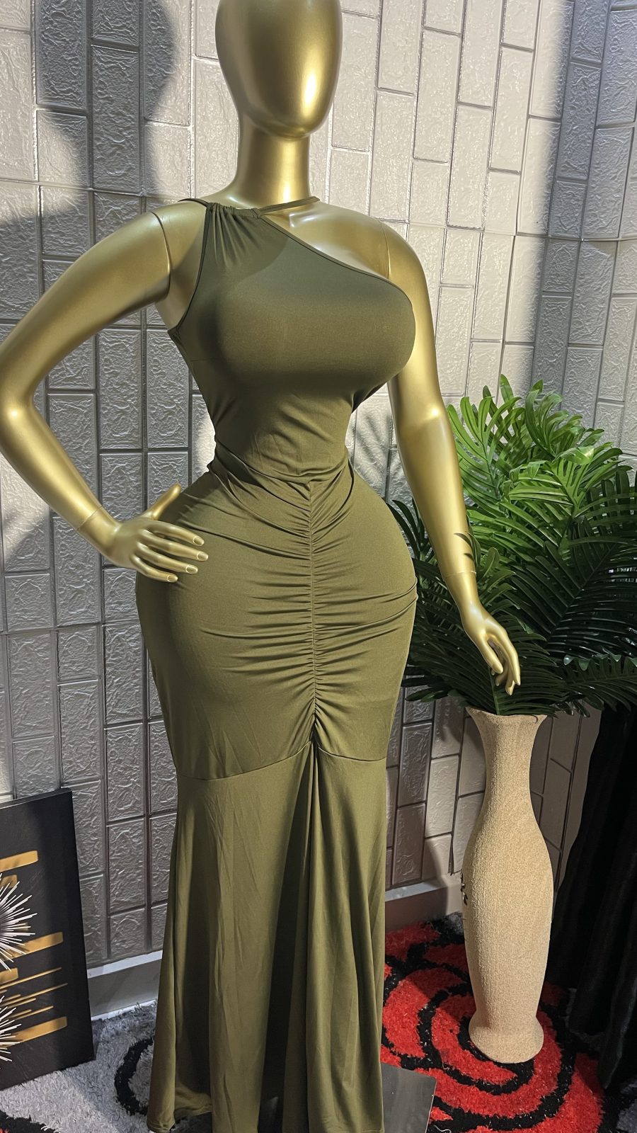 The OLIVE GODDESS One-Shoulder Ruched Maxi Dress*