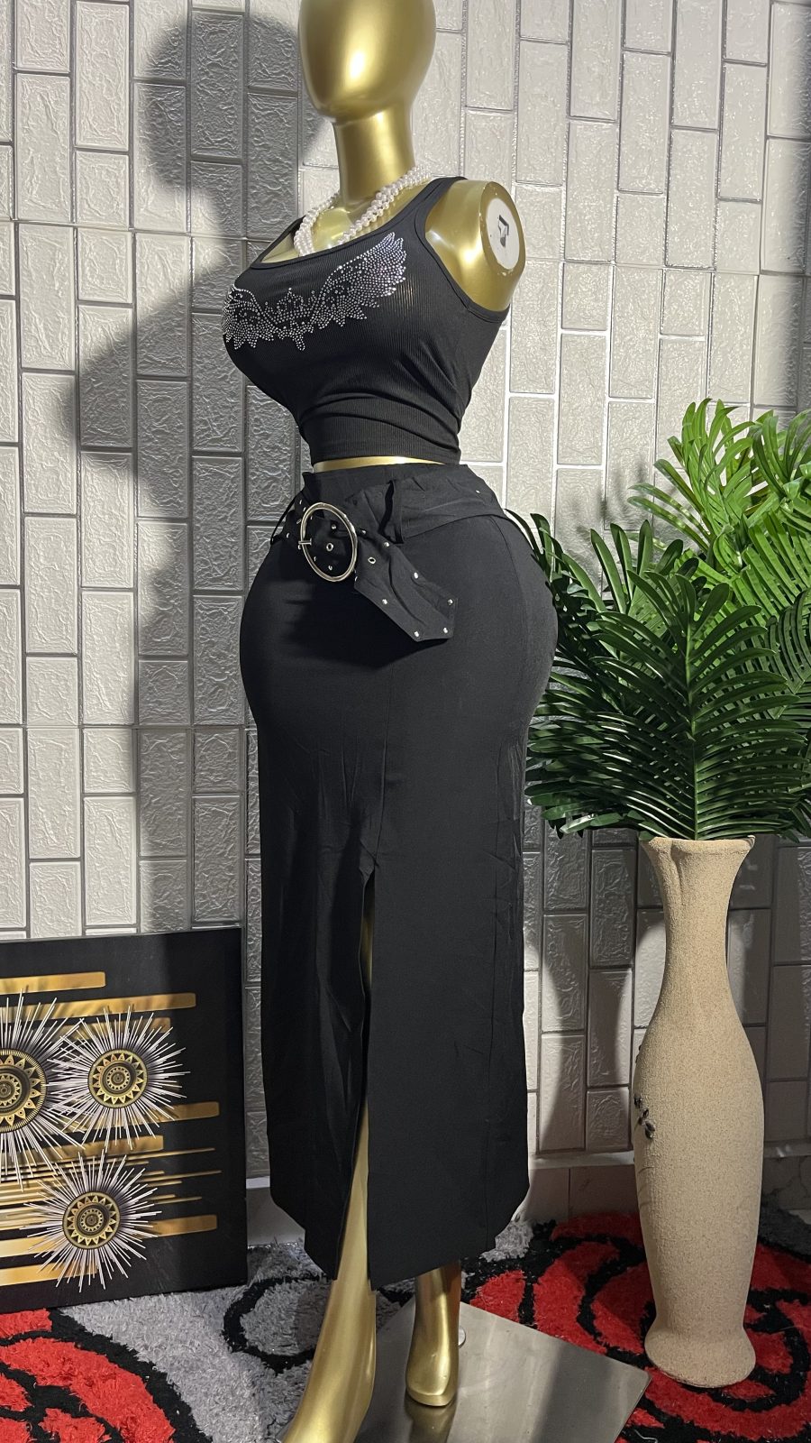The MIDNIGHT CHIC Belted Slit Midi Skirt