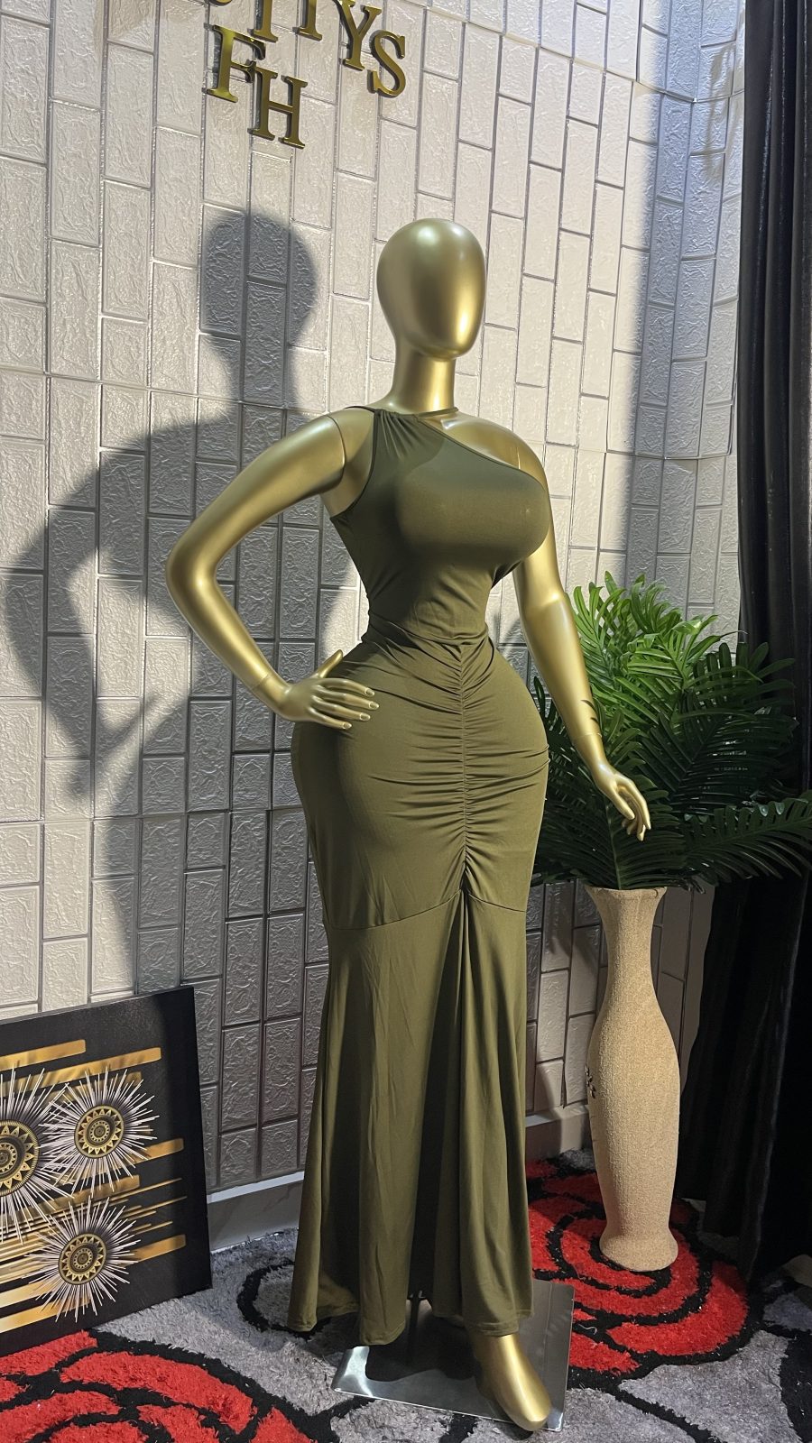 The OLIVE GODDESS One-Shoulder Ruched Maxi Dress*