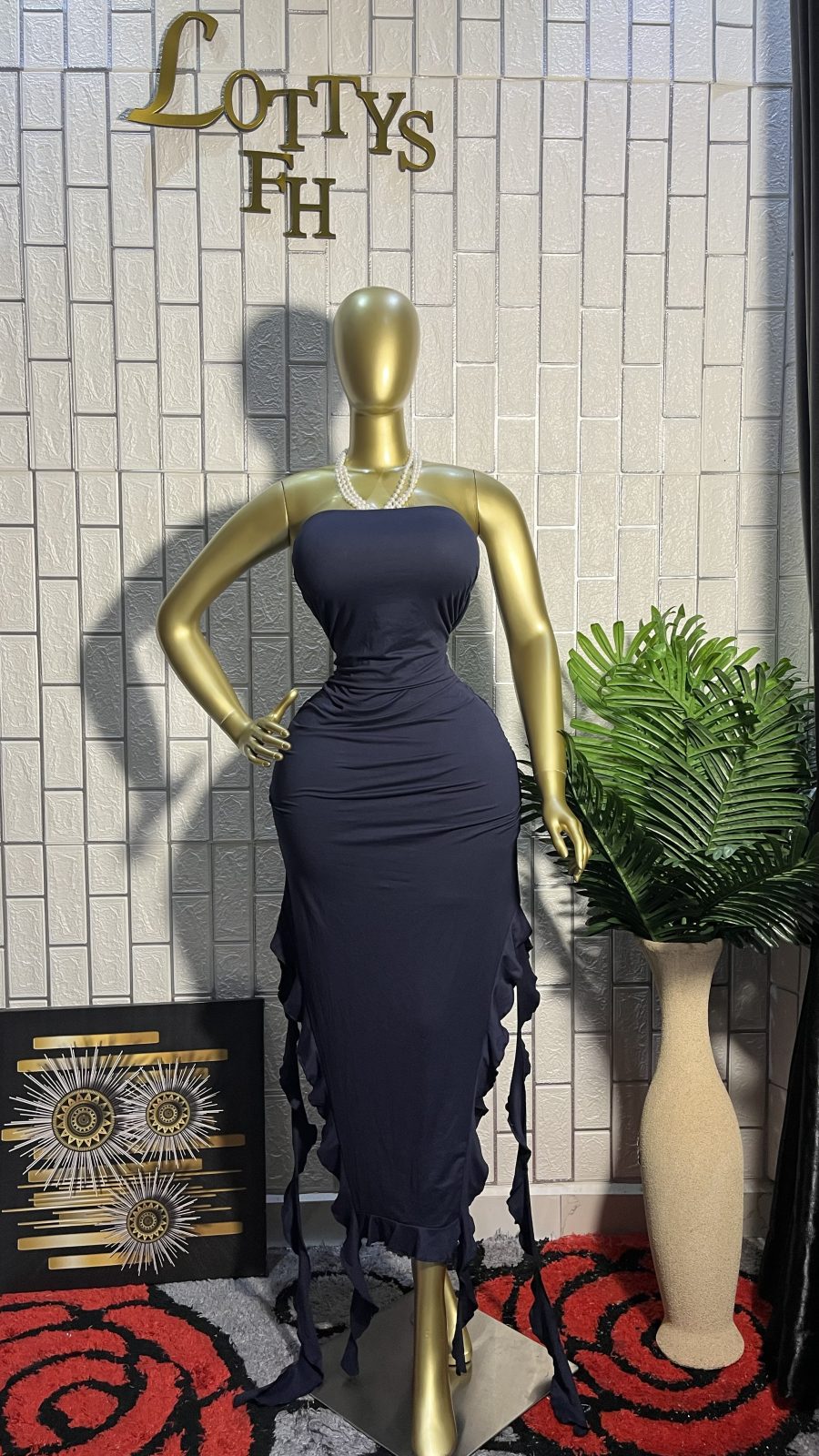 The NAVY RUFFLE Strapless  Dress