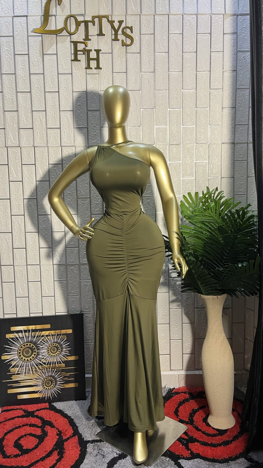 The OLIVE GODDESS One-Shoulder Ruched Maxi Dress*
