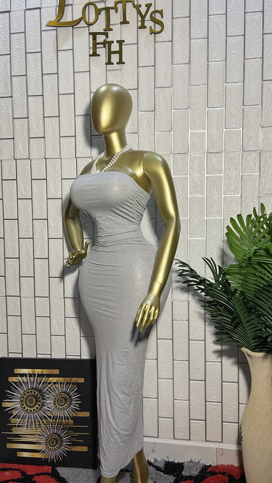 The GREY GODDESS Strapless Slit Maxi Dress